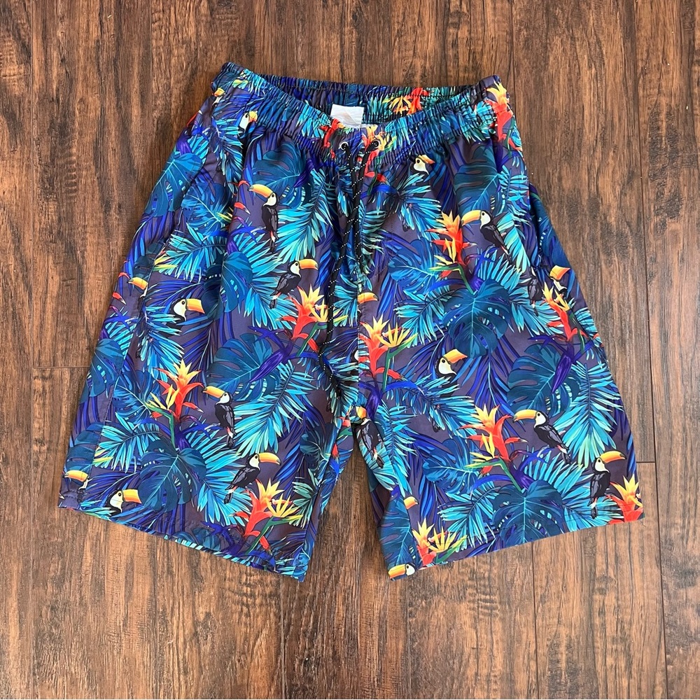 Flytop Swim Trunks Men’s Medium Blue Toucan Tropical‎ Birds Paradise Bromeliad